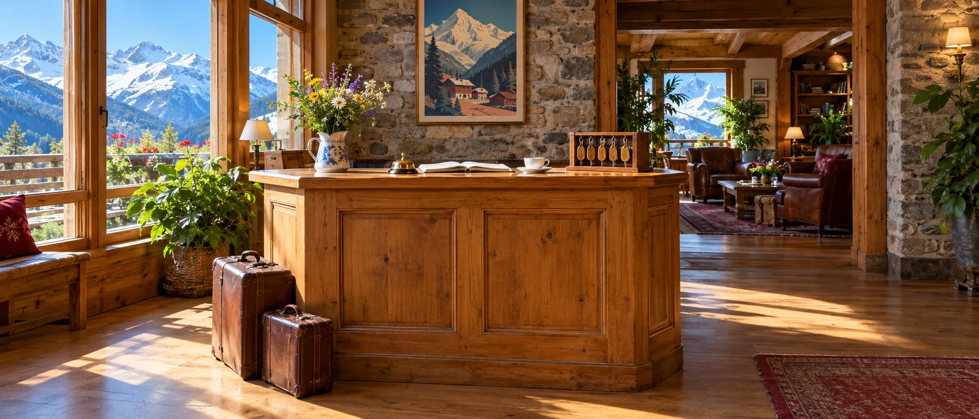 Réception d’un hôtel de montagne au matin : comptoir en bois, cloche, livre d’accueil, clés et valises, montagnes enneigées aux fenêtres