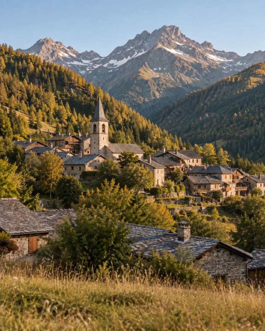 Village de montagne au pied des sommets